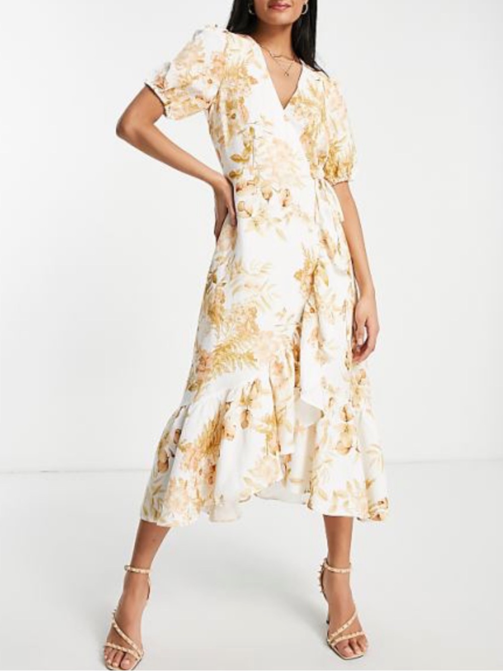 Ever New puff sleeve faux wrap midi dress ivory/gold floral, linen, size 6/M